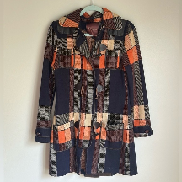 525 America Jackets & Blazers - 525 America Womens Orange & Navy Buffalo Plaid & Leather Trim Coat Toggle Button